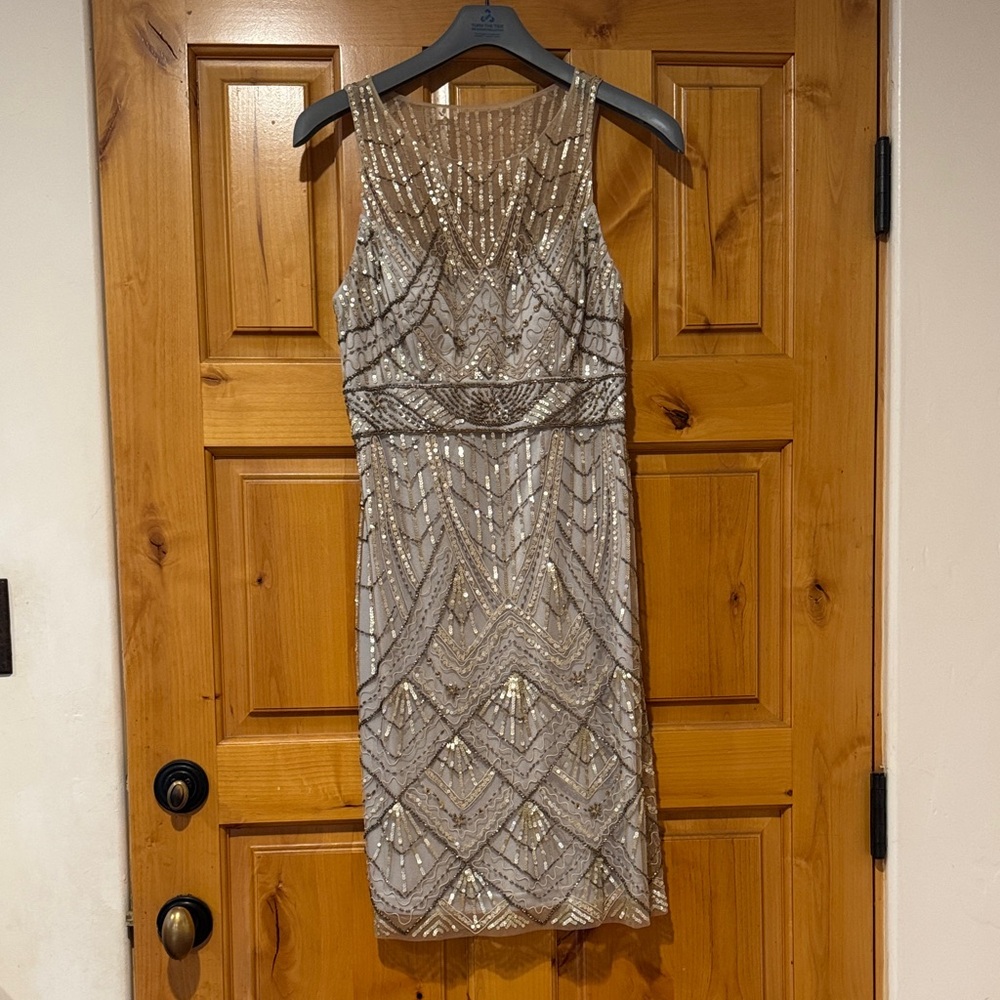 Embellished Sleeveless Midi Dress in Metallic Taupe